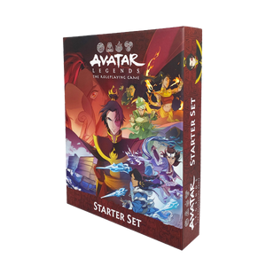 Avatar Legends: Starter Set Box. The cover includes Fire Lord Zuko and four of the pregenerated characters for Aang Era. From top to bottom they are: Xi, the Adamant; He Xing, the Icon; Kahola, the Successor; and Honu. the Guardian.